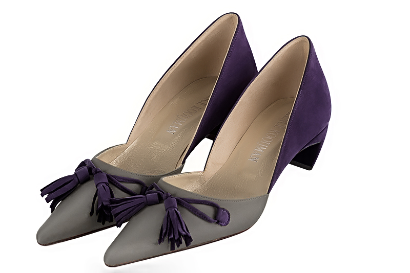 Ash grey and amethyst purple women's open arch dress pumps. Pointed toe. Low comma heels. Front view - Florence KOOIJMAN